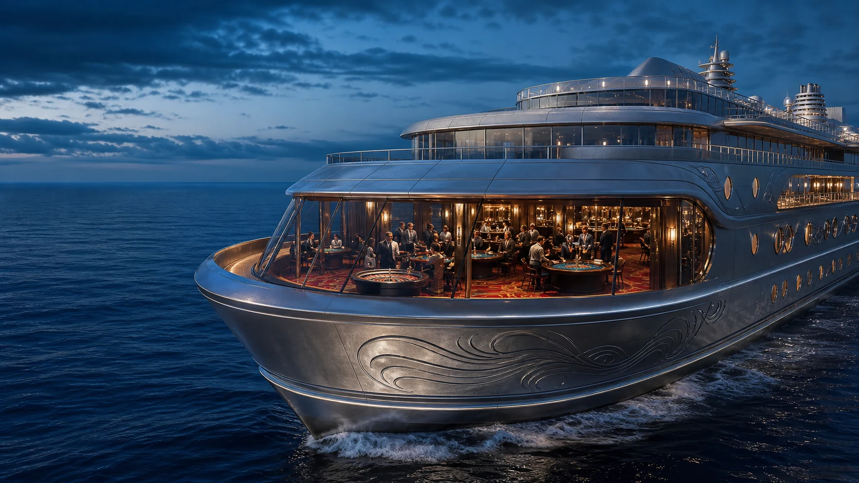 Fictional Royal Golden Cruises liner crossing a blue-hour sea with its staffed casino chamber illuminated